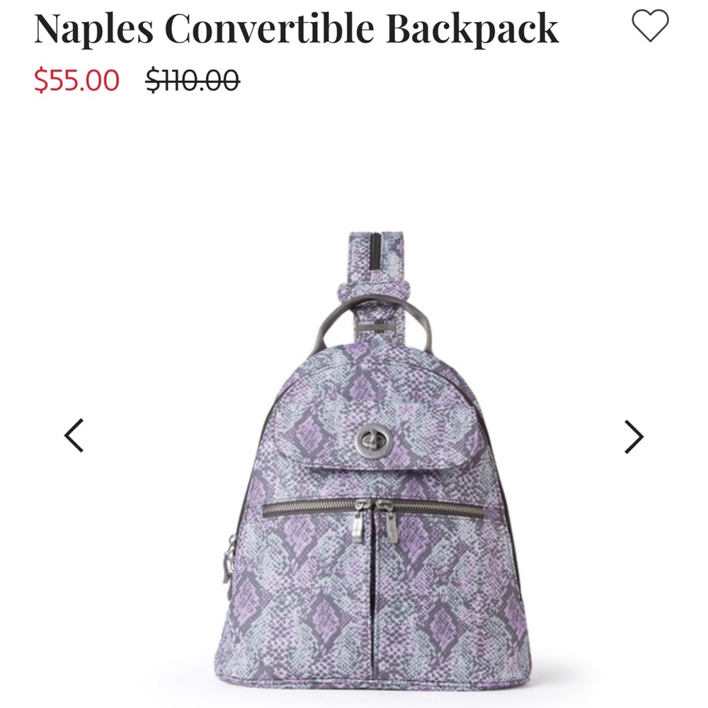 Baggallini Naples Convertible Backpack blush python purple gray travel bag tour